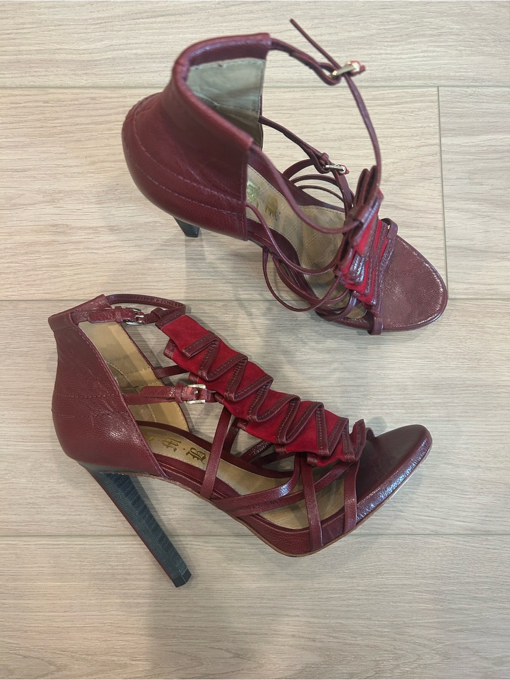 L.A.M.B. Burgundy Ruched Strappy High‑Heel Sandals • Size 8 👠🍷